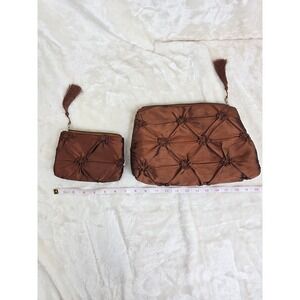 Brown Satin Floral Clutches Set of 2 Tassel Zipper‎ Travel Toiletries Bags